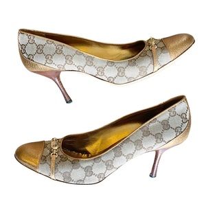 ❌SOLD❌ Gucci Bronze/Gold Monogram Kitten Heels